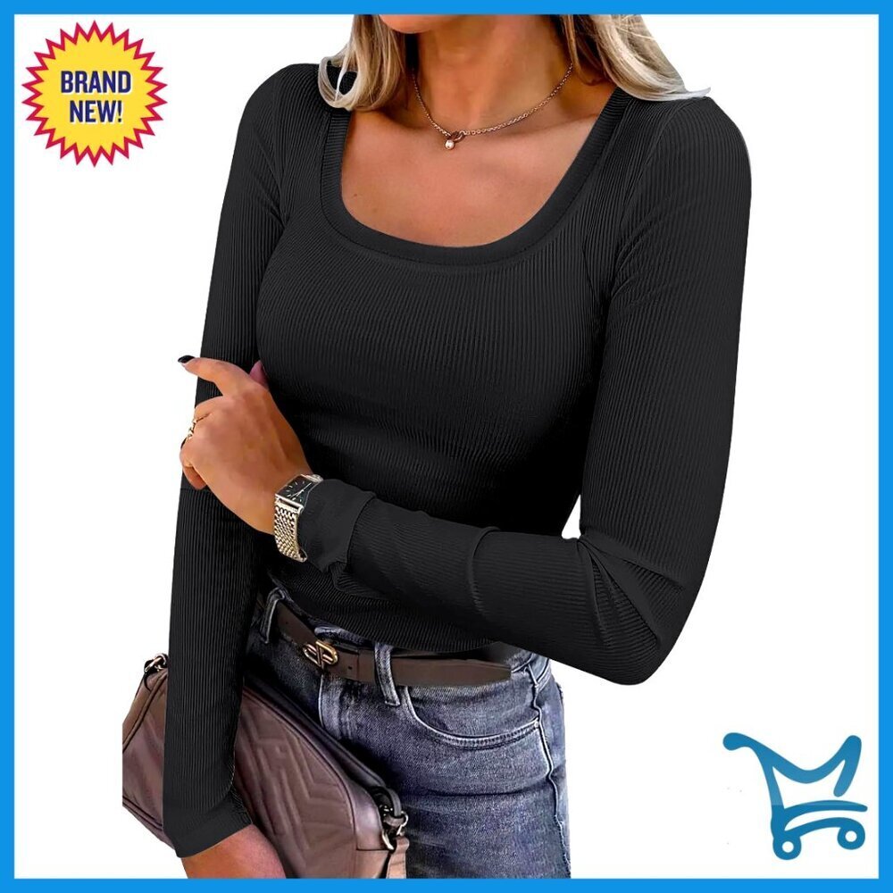 Ribbed Knit Scoop Neck Long Sleeve Top Slim Fit Casual Basic Tee Minimal Chic